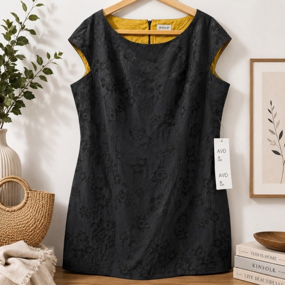 Avenue Sheath Dress size 26  Floral Jacquard Cap Sleeve Black Mod Retro plus nWT